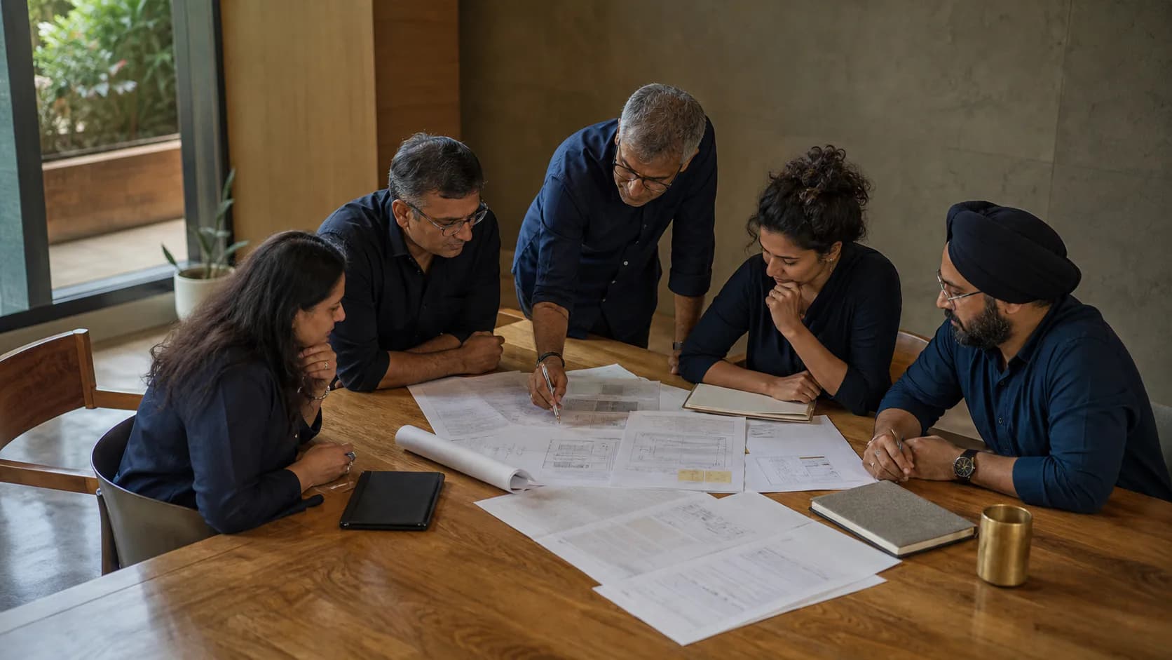 Experienced professionals reviewing delivery documents around a shared table.