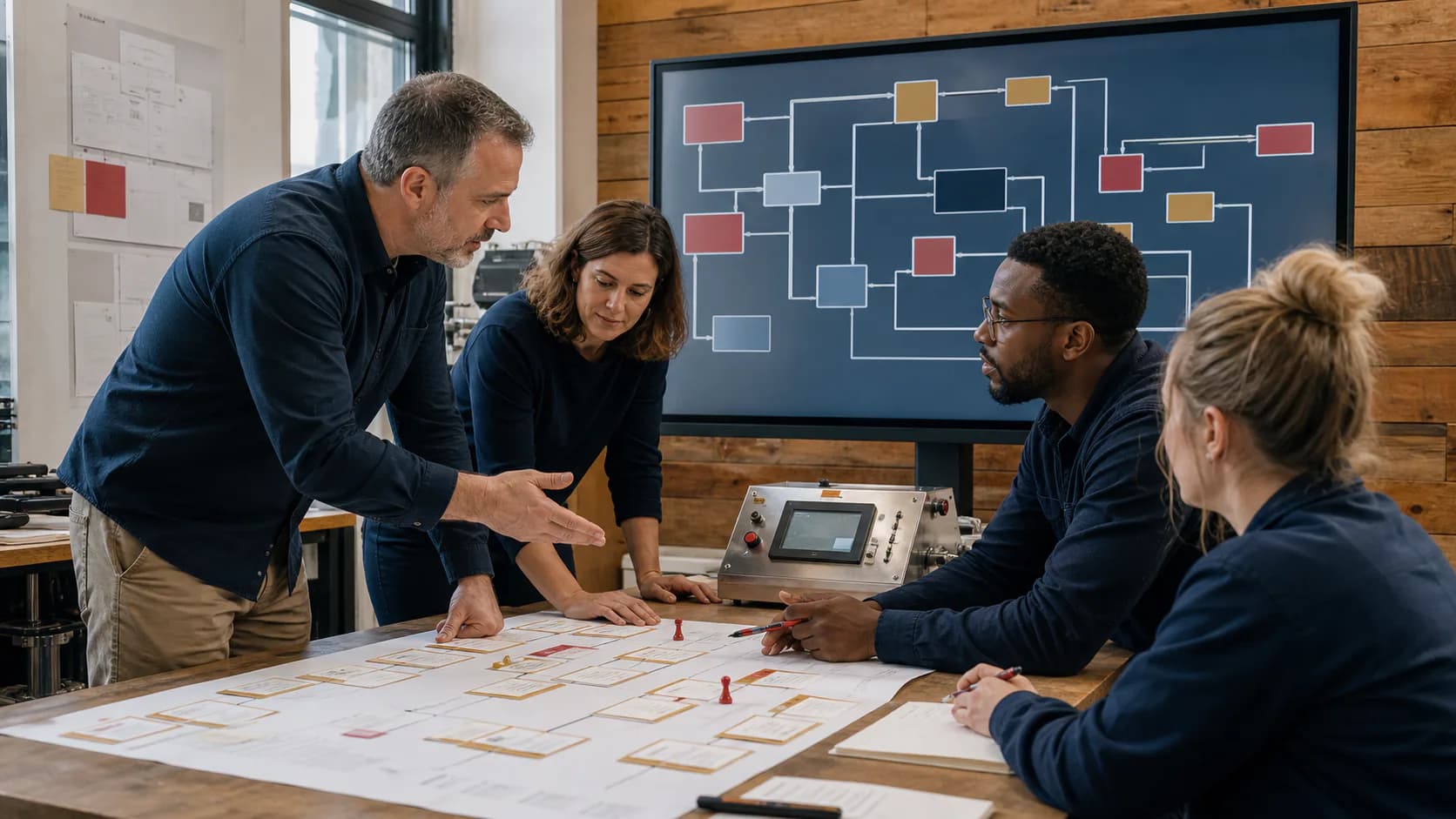 An operations team aligning a process map with a digital-system architecture.
